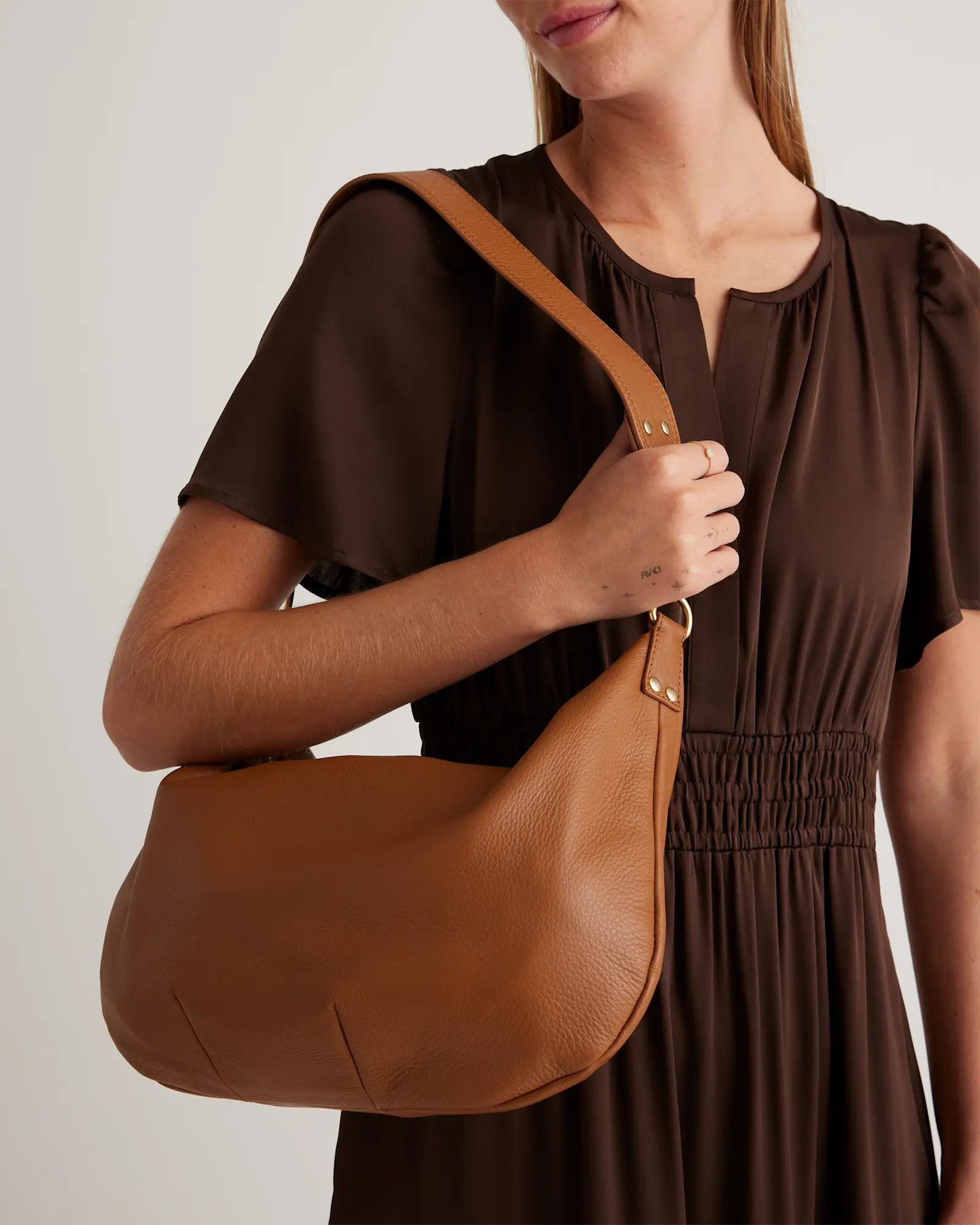 Italian Leather Convertible Crescent Shoulder Bag in Cognac | Quince