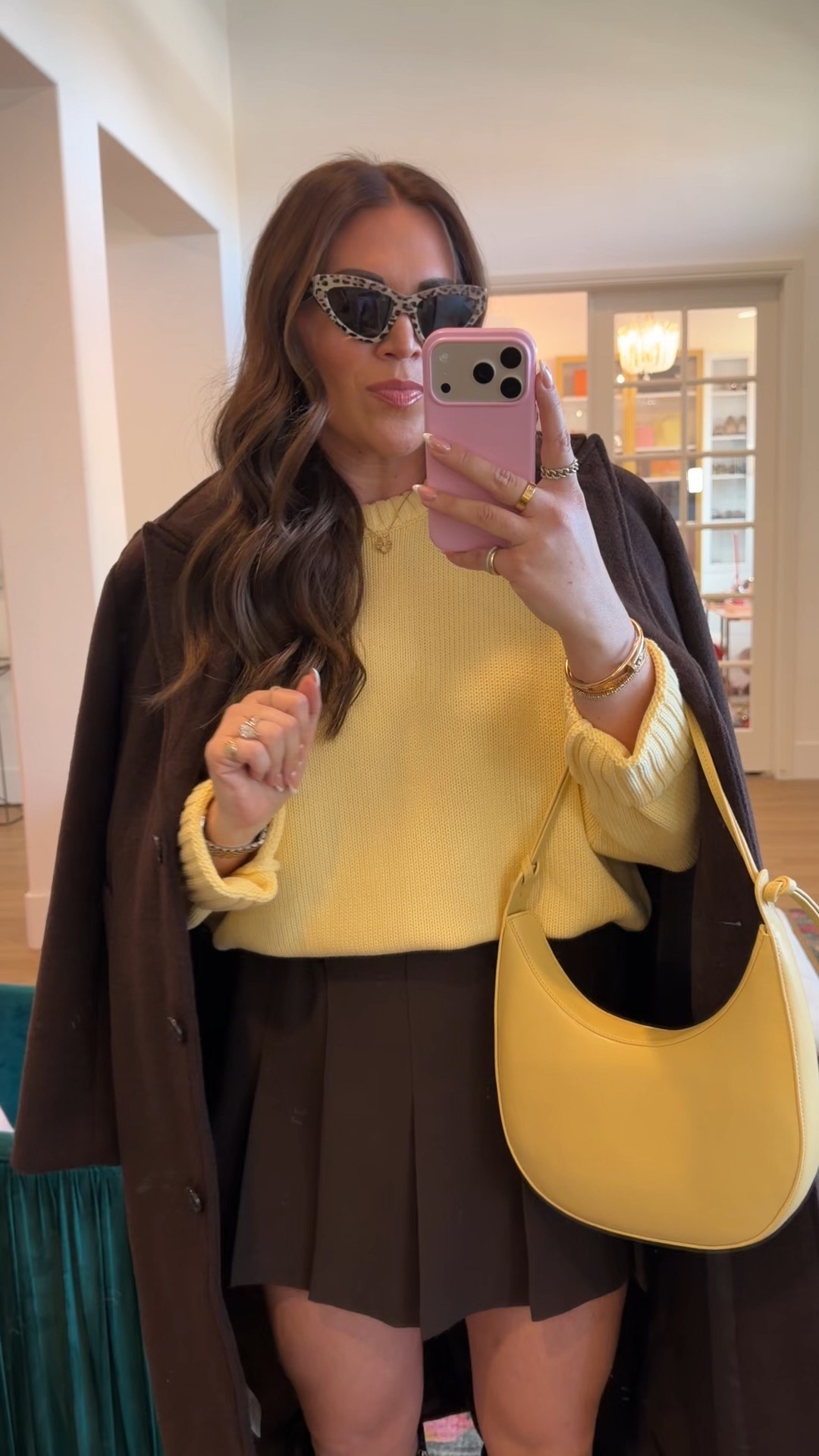 curvy midsize butter yellow and chocolate brown winter outfit! wearing size large in butter yellow sweater, size large in brown skirt, and size large in brown wool coat 

#LTKSeasonal #LTKMidsize #LTKFindsUnder100