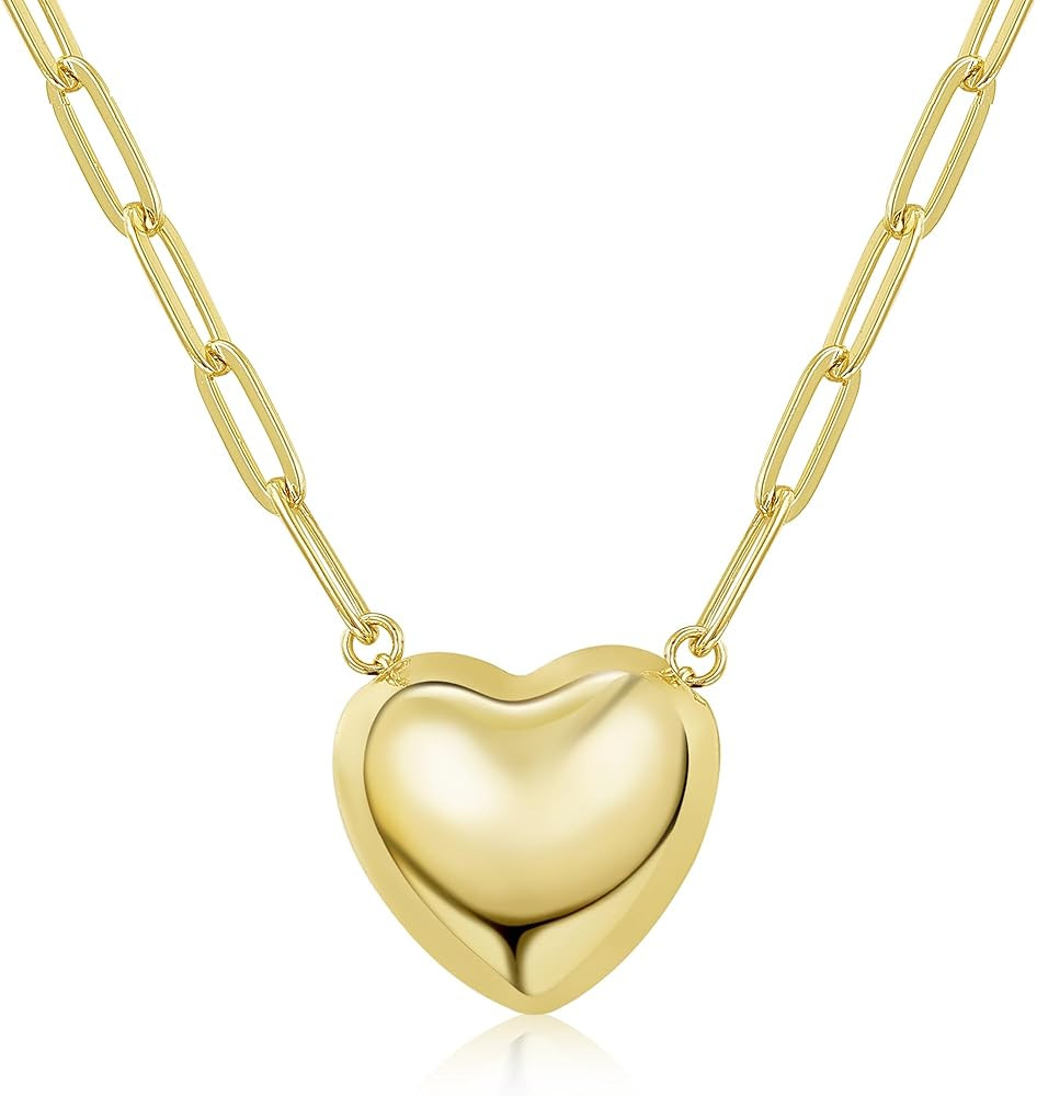 Puffy Heart Necklace 14K Gold Plated on Stainless Steel Paper Clip Chain | Shinny Or Brushed Fini... | Amazon (US)