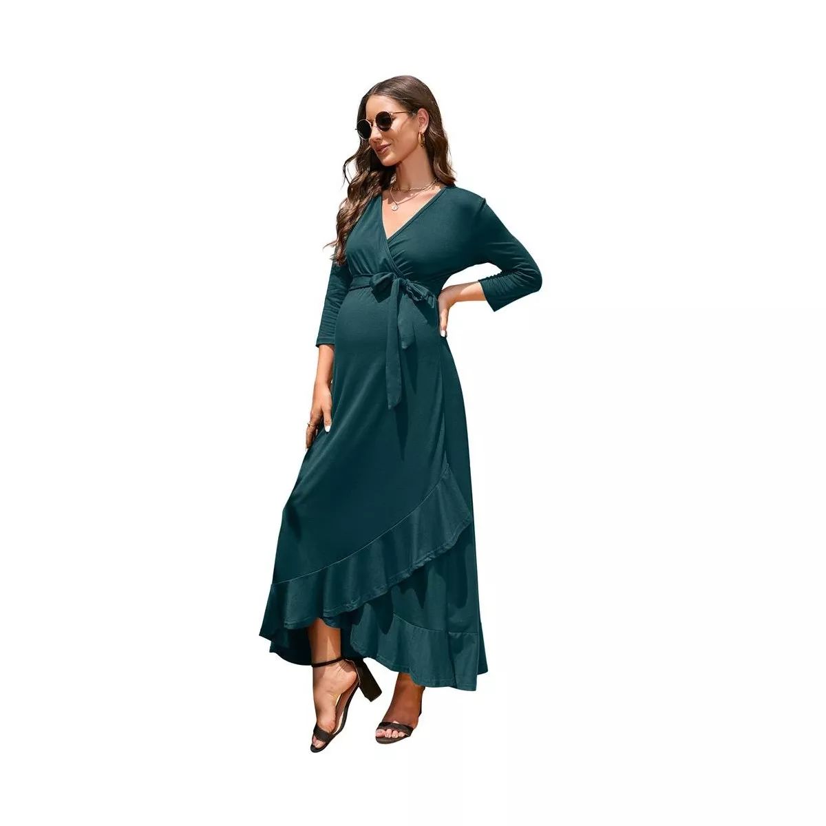 WhizMax Women's Maternity Dress V neck 3/4 Sleeve Ruffle Long Dress High Waist A Line Maxi Dress ... | Target
