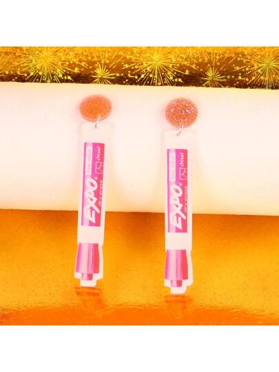 1pair Teacher's Day Style Colored Marker & Whiteboard Marker Shaped Acrylic Glitter Dangle Earrin... | SHEIN