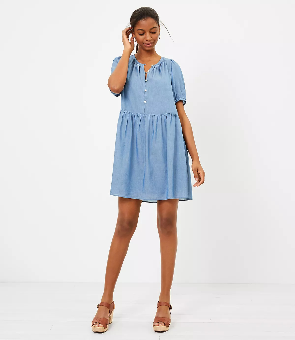 Chambray Puff Sleeve Swing Dress | LOFT