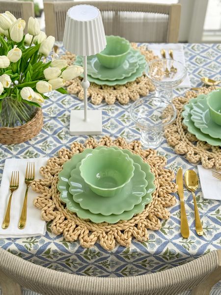 I couldn’t be more excited that summer is finally here! Meals outside are my favorite, so I gave our outdoor dining area a little spring refresh! These simple and chic swaps made such a big impact to the vibe in this space. From the gorgeous block print tablecloth, to the jade scalloped dishes, to the gold flatware and seagrass wrapped vase (that doubles as a candle hurricane) to the “pleated” cordless rechargeable lamps - they’re all on trend, affordable, and all from Walmart! They’re perfect for brunch, showers, Mother’s Day, graduation or any meal you want to make feel more special! Also linking our stackable rope dining chairs, white outdoor dining table and rope chandelier.
.
#ltkhome #ltkfindsunder50 #ltkfindsunder100 #ltkseasonal #ltkparties #ltksalealert spring table decor, entertaining ideas, party decor#LTKsalealert #LTKhome


#LTKHome #LTKSeasonal #LTKSaleAlert