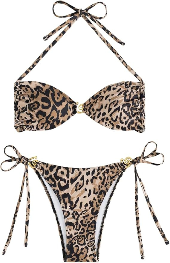 SOLY HUX Women's Leopard Print Swimsuit Halter Tie Side String Bikini Set Two Piece Bathing Suit | Amazon (US)