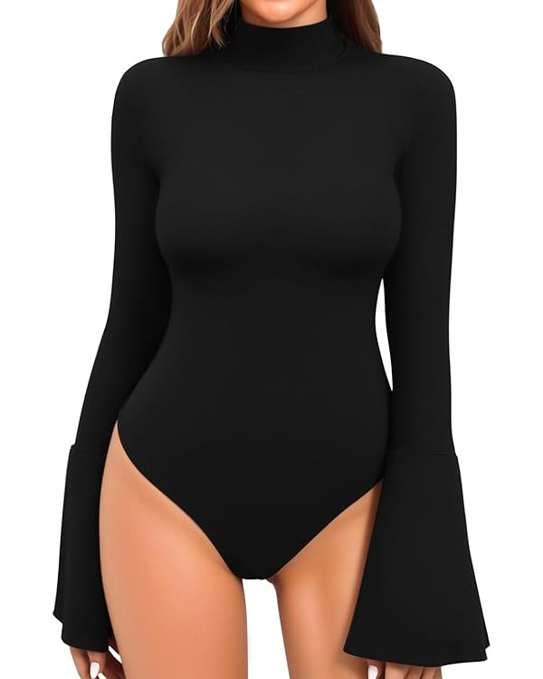 MANGOPOP Bell Sleeve Mock Neck Long Sleeve Bodysuit for Going Out Tops for Women | Amazon (US)