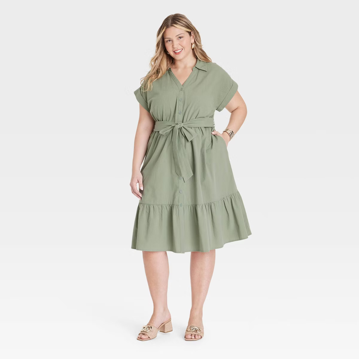 Women's Short Sleeve Tiered Midi Shirtdress - Ava & Viv™ | Target