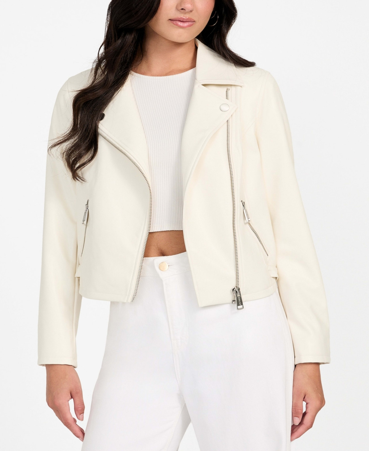 Guess Women's Long Sleeves Moto Jacket - Cream White Multi | Macy's
