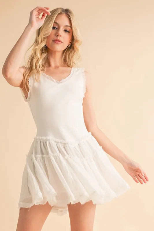 Aemi+Co Frill Sleeveless Drop Waist Mini Dress WHITE / S | Casual Chic Boutique