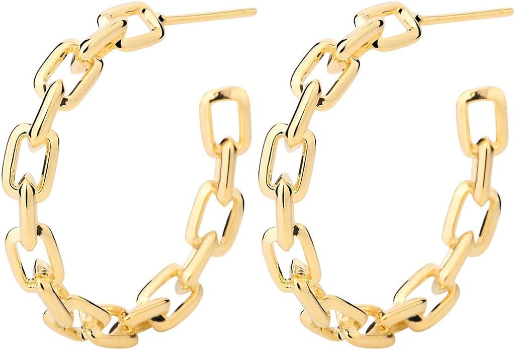 Hoop Earrings for Women - Link Hoop Earrings Gold/White Gold - Chain Hoop Earrings for Girls | Amazon (US)