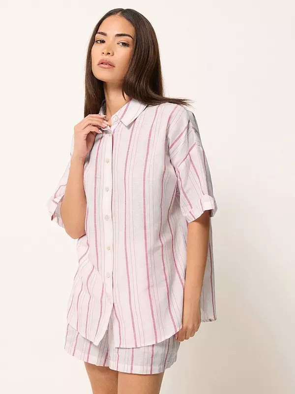 PixieGirl Petite Stripe Short Sleeve Shirt Containing Linen - Pink | Very (UK)
