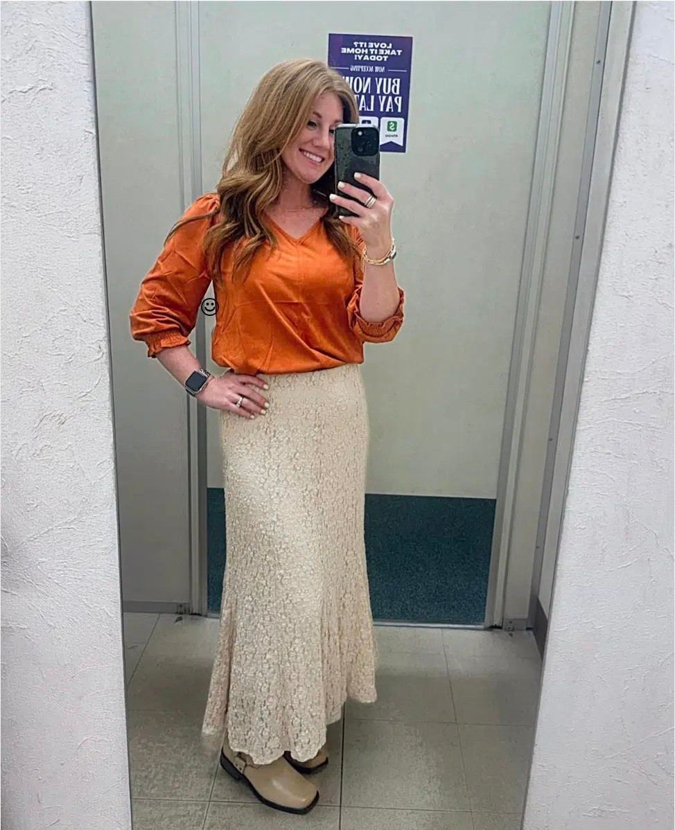 Another fun look for petite ladies! Stephanie is styling the same lace skirt, but has added a bold burnt orange blouse for some color! She’s wearing a small in both pieces.

#LTKWorkwear #LTKOver40 #LTKPetite