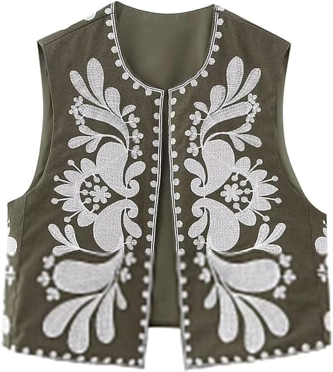 Women's Vintage Embroidered Floral Vest Y2k Sleeveless Linen Open Shirt Blouse Fashion Crochet Fl... | Amazon (US)
