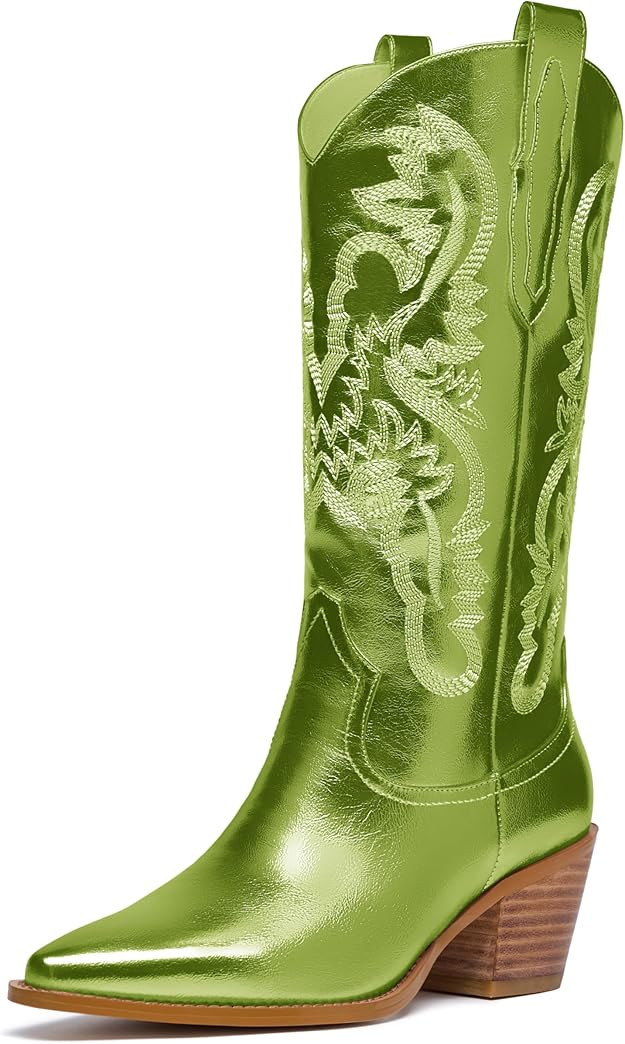 Glitter Wide Calf Metallic Embroidered Cowboy Boots For Women Sparkly Mid Calf Chunky Heel Pull o... | Amazon (US)