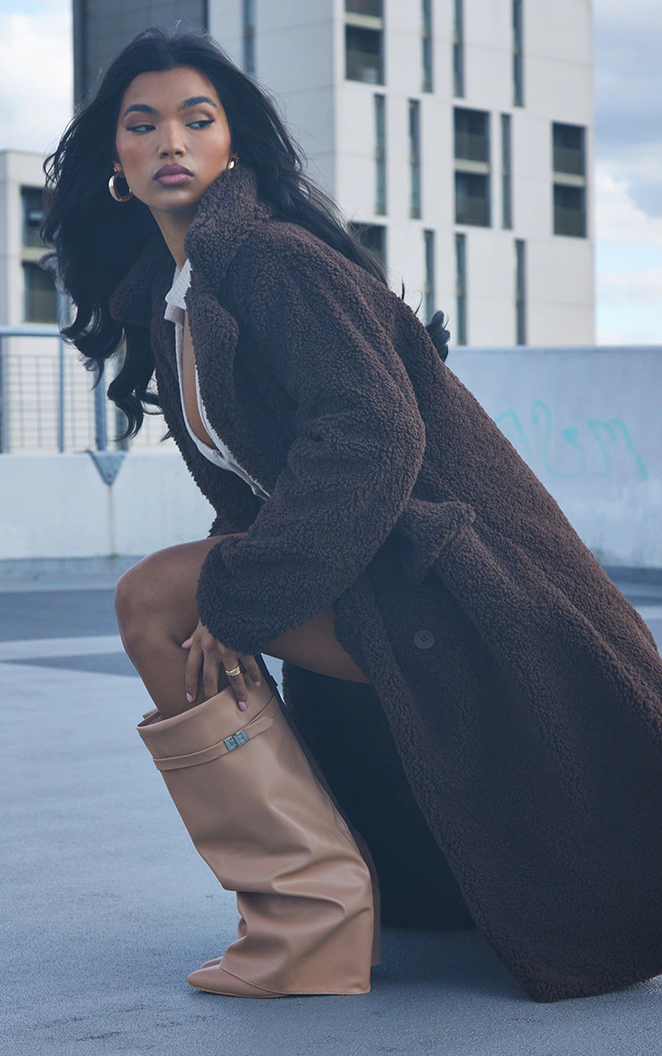 Camel PU Matte Fold Over Knee Block Heeled Boots | PrettyLittleThing US