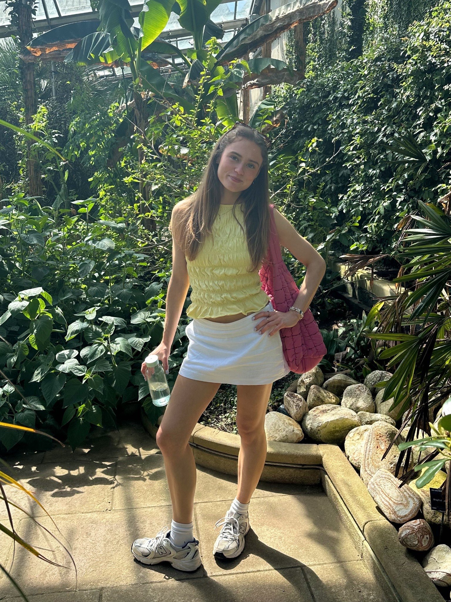 perfect summer outfit! 
white linen mini skirt / skirt from Hollister 🤍
yellow shirred top from asos 💛
pink shoulder bag from M&S 🩷 
new balance 530 trainers 👟 

#LTKsummer #LTKuk #LTKspring