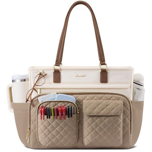 LOVEVOOK Tote Bag, Work Bags for Women with Large Cup Holder, Large Capacity Teacher Tote with Multi Pockets, Nurse Diaper Tote with Padded Laptop Compartment, 15.6 Inch Khaki Beige | Amazon (US)