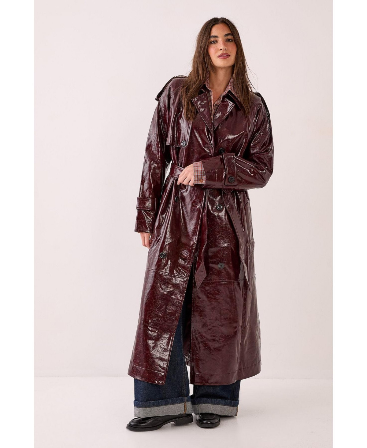 Nasty Gal Women's High Shine Faux Leather Trench Coat - Burgundy | Macy's