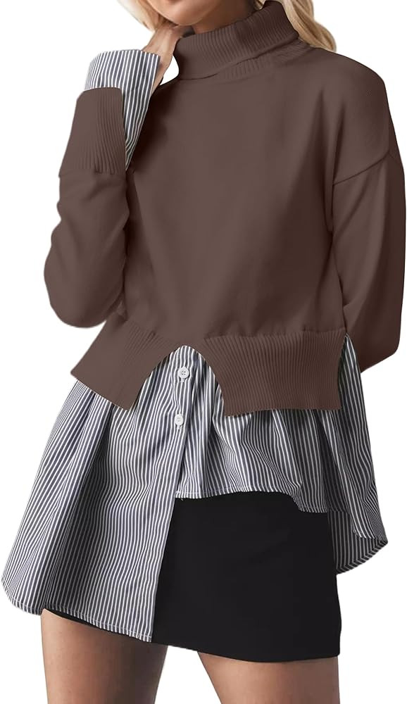 MISSACTIVER Women Slit Turtleneck Patchwork Sweater 2 in 1 Buttons Down Pullover Knit Sweater Asy... | Amazon (US)