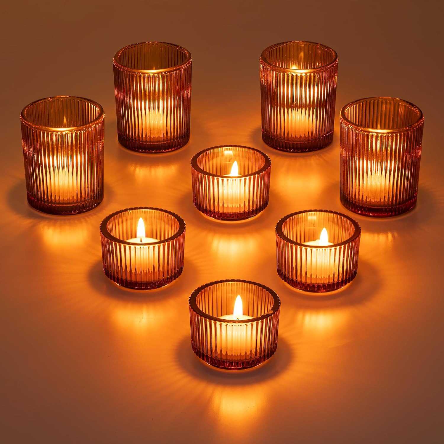 Glasseam Glass Votive Candle Holders: 8 Pcs Amber Ribbed Tealight for Table | Amazon (US)