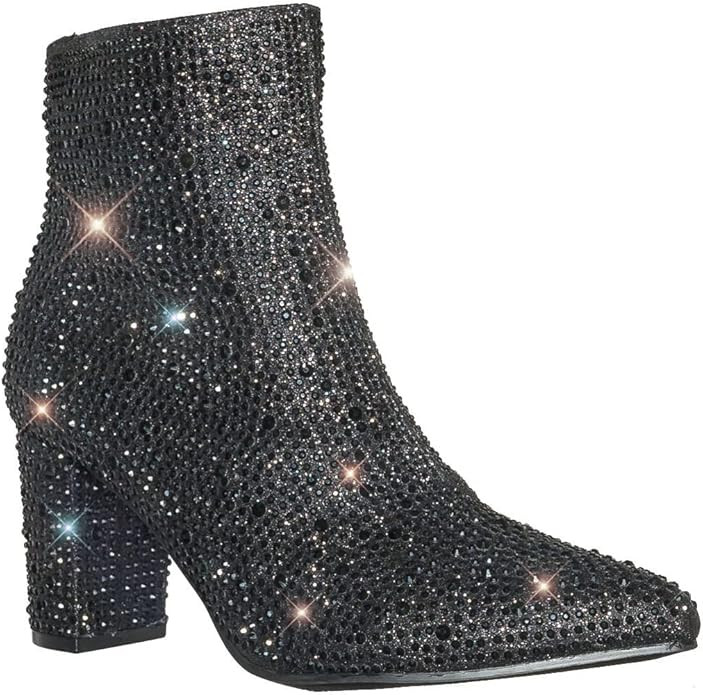 Women Rhinestone Block Chunky Heel Ankle Bootie | Amazon (US)