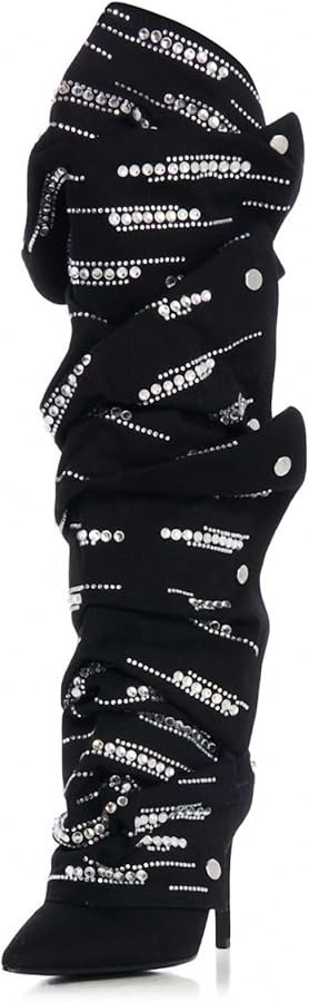 Women's suede Sparkly Rhinestone Stiletto Knee High Pointed Toe Zipper High Heel Shark Boots | Amazon (US)