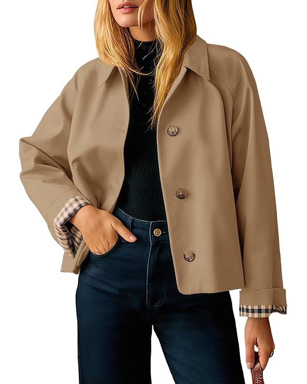 Tankaneo Womens Cropped Trench Coat Lightweight Single Breasted Jacket Fall Windbreaker Fashion O... | Amazon (US)