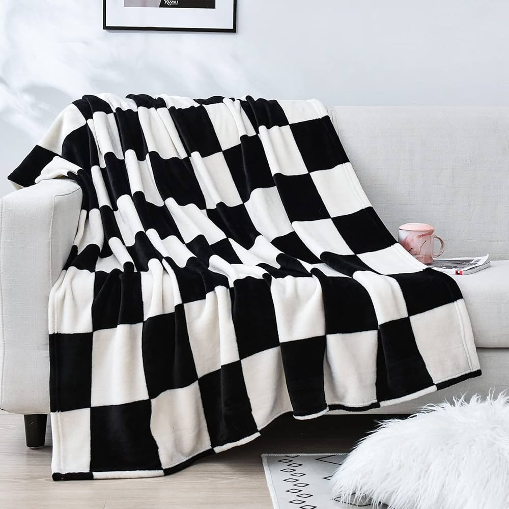 Vessia Large Flannel Fleece Plush Blanket Throw Size(50"x70") - Black and White Checker Lightweig... | Amazon (US)