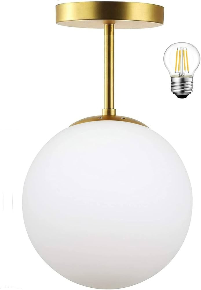 Mid Century Modern Globe Semi Flush Mount Ceiling Light Fixture Frosted Glass with Gold Brass Fin... | Amazon (US)