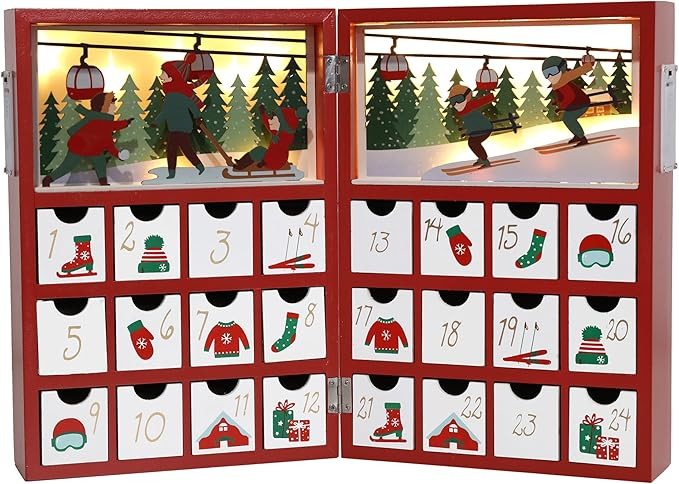 Christmas Wooden Advent Calendar Book with LED lighting Red Color Christmas Skiing Scenes Countdo... | Amazon (US)