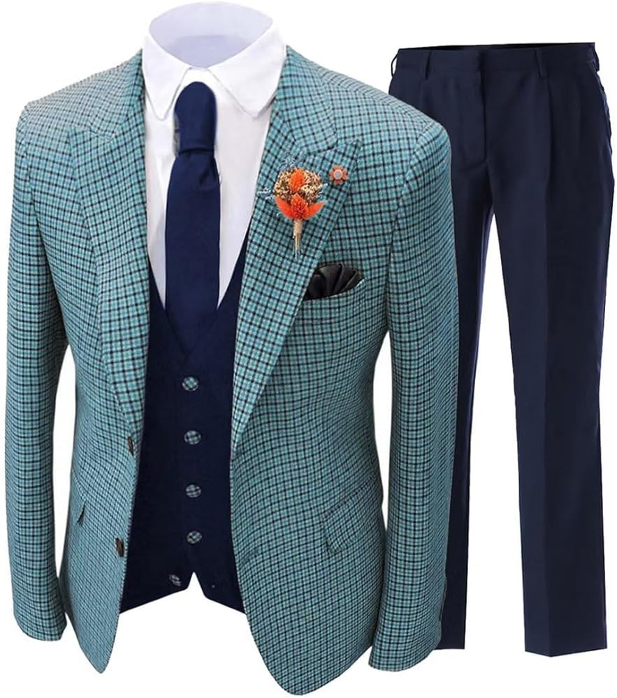 Wangyue Men's Vintage Plaid Suit Slim Fit 3 Piece Suits Jacket Vest Pants for Wedding Prom | Amazon (US)