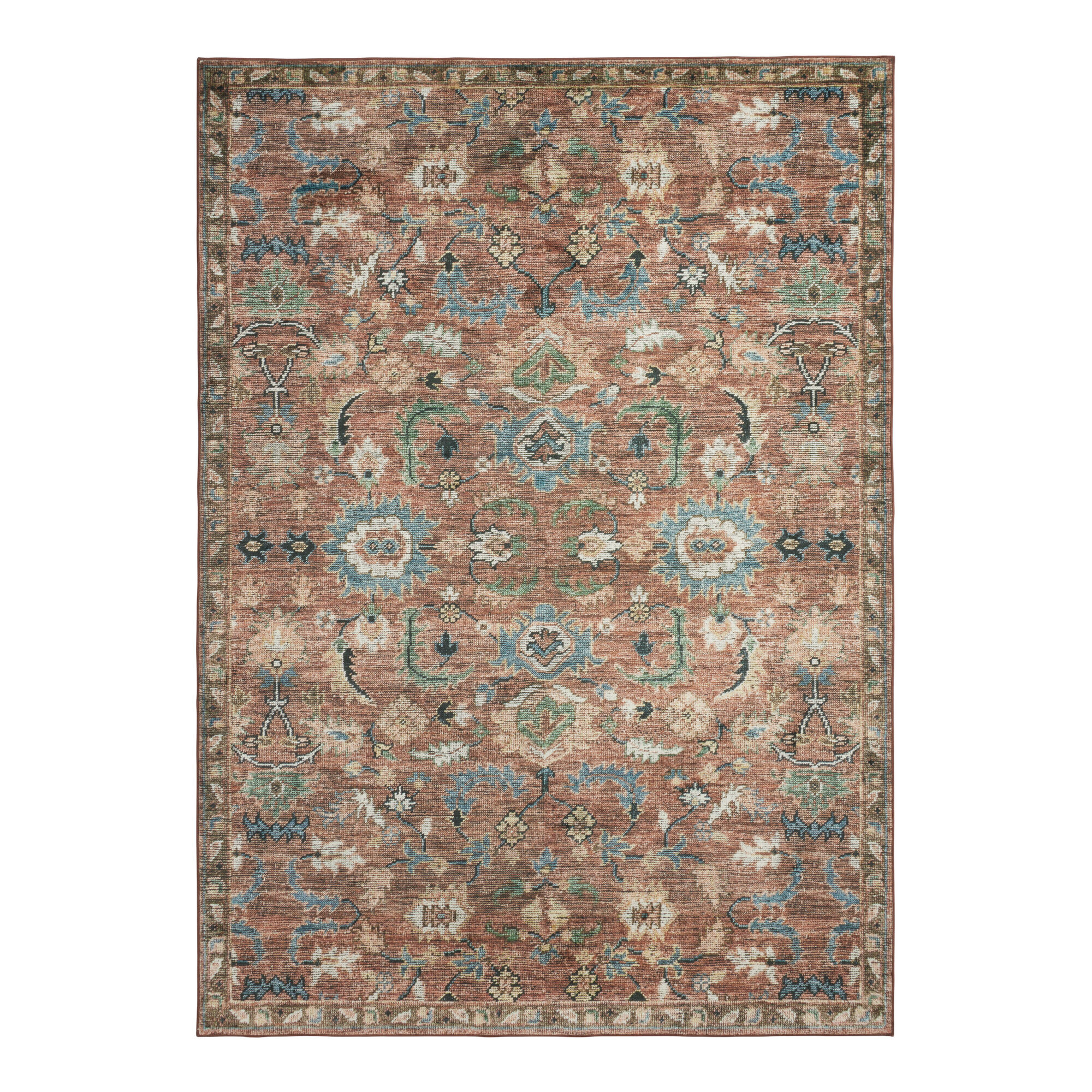 Ezra Terracotta and Blue Persian Style Washable Area Rug | World Market