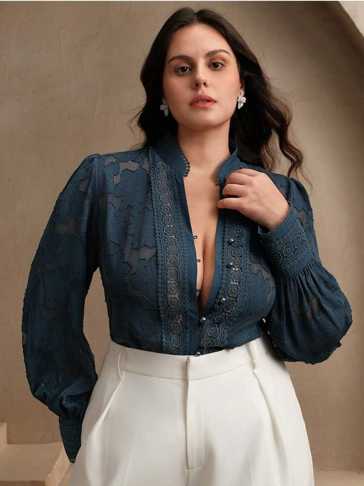 Anewsta Plus Size Women Elegant Floral Jacquard Stand Collar Ruffle Trim Long Sleeve Blouse Top, Vacation & New Year | SHEIN