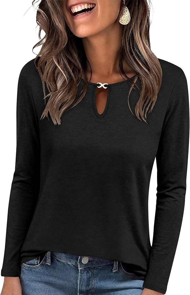 ANRABESS Women's Metal Keyhole Neck Long Sleeve Shirt | Amazon (US)