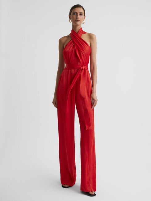 Reiss Red Jules Satin Halter Neck Fitted Jumpsuit | Reiss UK