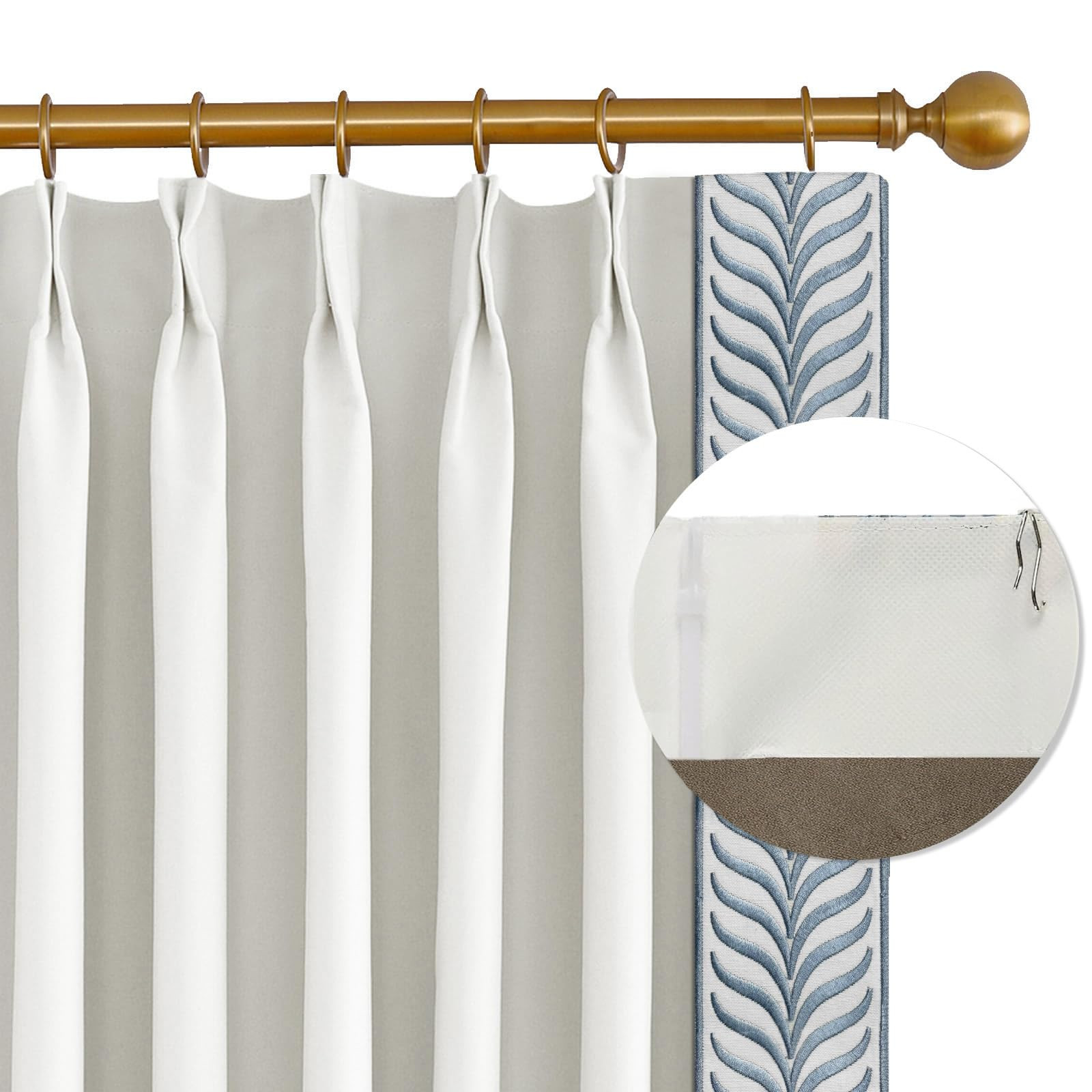 90 inch Pinch Pleated Drapes with Blue Embroidered Trim 2 Panels Cotton Blackout Thermal Insulate... | Amazon (US)