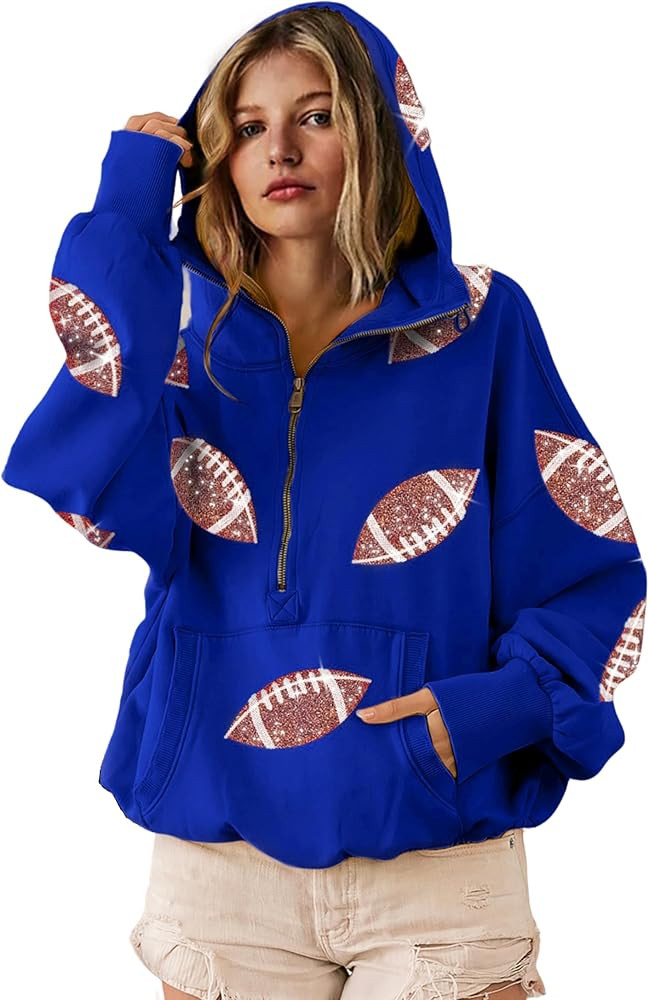 SeekMe Womens Game Day Sweatshirts Football Sequin Hoodies Tailgate Outfits Long Sleeve Zipper Sw... | Amazon (US)
