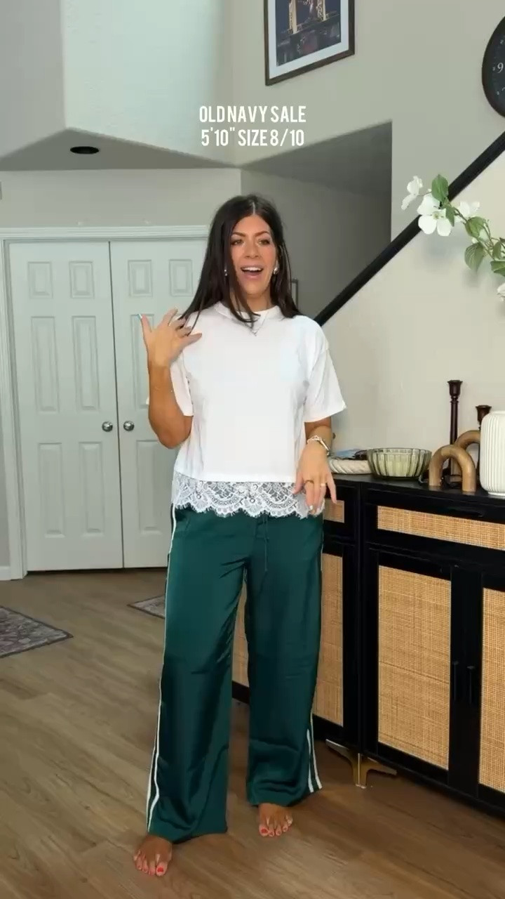 old navy sale In a small petite tee (added similar) and medium track pants  Midsize summer to fall outfits, easy outfit, workwear, fall fashion, lounge, midsize denim, casual, ootd, everyday outfit, mom life, brown, trendy tops, back to school

#LTKSeasonal #LTKMidsize #LTKOver40