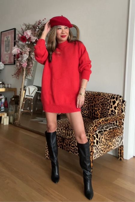 Valentine’s Day outfit idea! Red outfit, all red outfit, red monochrome outfit, Vday outfit, galentines outfit, red dress, red sweater dress, knee high boots 

#LTKshoecrush #LTKSeasonal #LTKstyletip