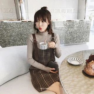 Turtleneck Knit Top / Mini Plaid Overall Dress | YesStyle Global