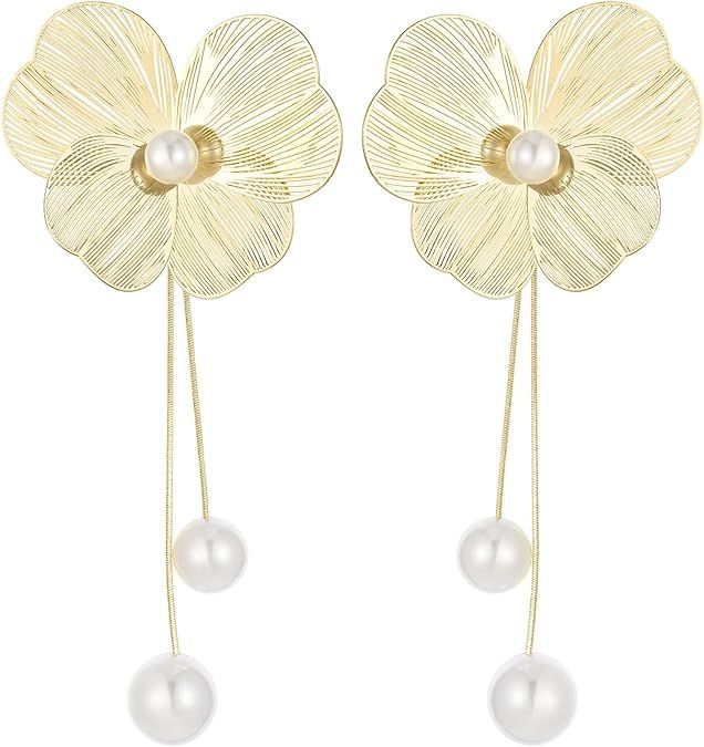 Flower Earrings For Women: Big Pearl 925 Sterling Silver Stud 13MM Large Long Dangle Earrings Ear... | Amazon (US)