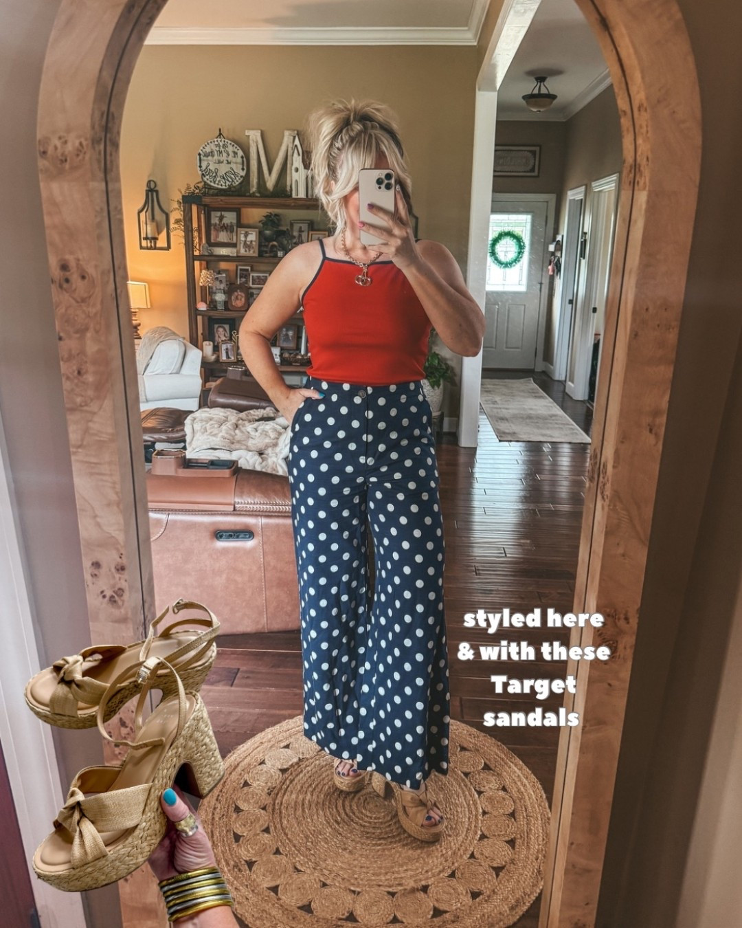 Cute red and blue tank…I’m wearing a small in tank. 
Polka dot pants size M
Shoes true to size 
#targetshoes #targetstyle #polkadots #polkadotpants
