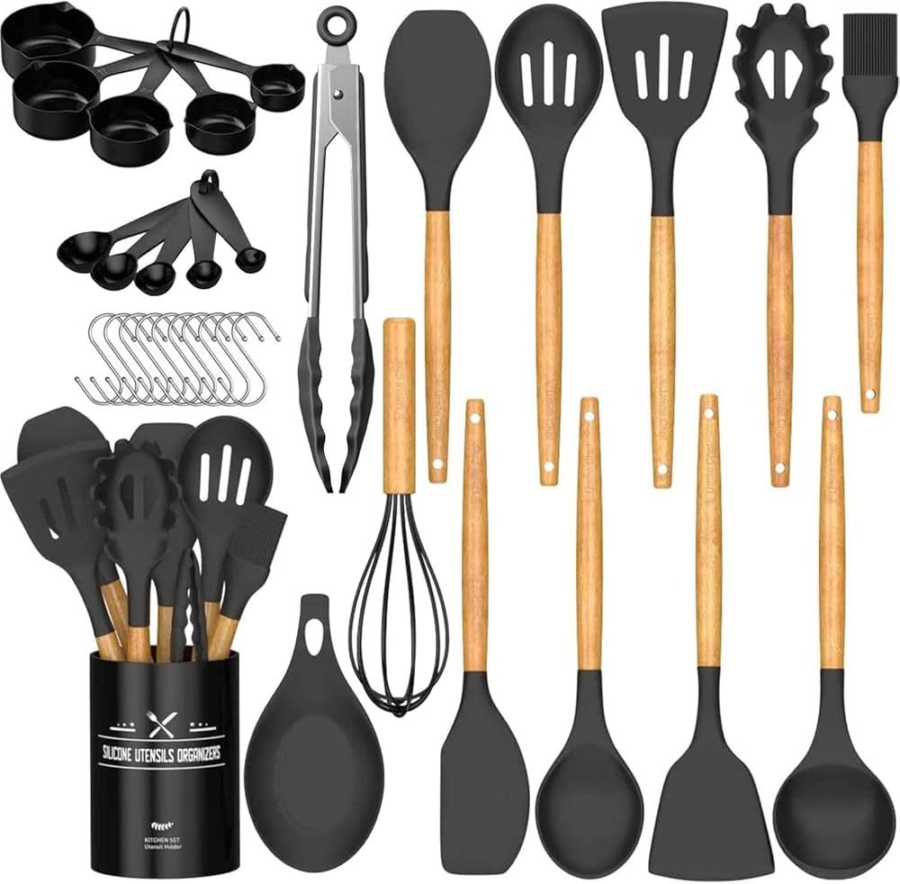 Umite Chef Kitchen Cooking Utensils Set, 33 pcs Non-Stick Utensils Spatula Set with Holder, Black... | Amazon (US)