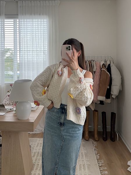 flower cardigan for spring from lulus, wearing a size small (tts)

tags: spring outfit ideas, cream cardigan, denim skirt, easy outfit ideas