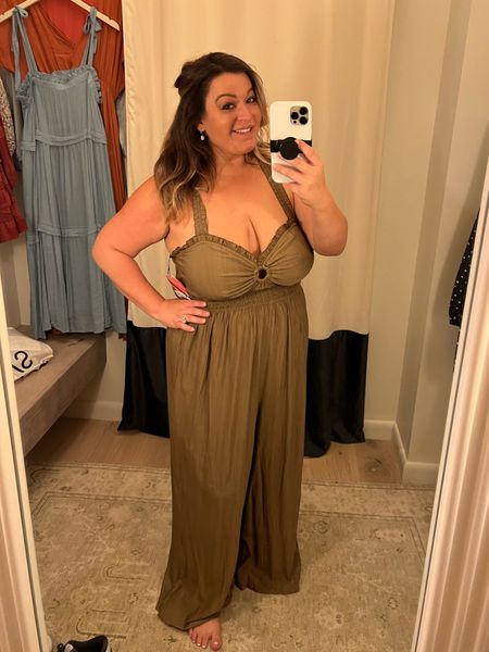 Jumpsuit from Arula. Great for plus size or mid size. I love that I can wear it without a bra. Jumpsuit for plus size women. Great for fall transition fashion. Pair with a jacket. 

#LTKstyletip #LTKcurves #LTKSeasonal