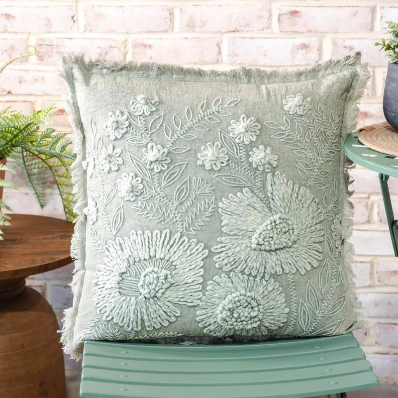 Stonewash Green Embordered Floral Pillow | River Chic Designs