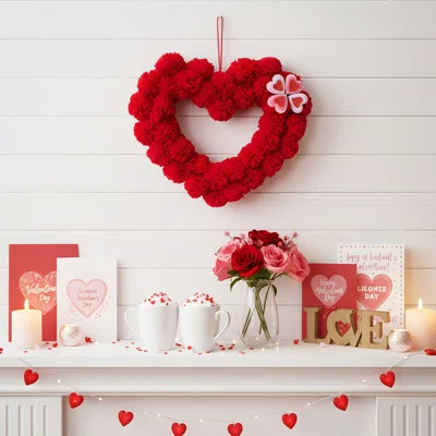 1 pc Valentine's Day Wreath for Front Door Heart Shaped Wreath Red White Pom Pom Hanging Door Sign for Home Wall Door Decoration | Wayfair North America
