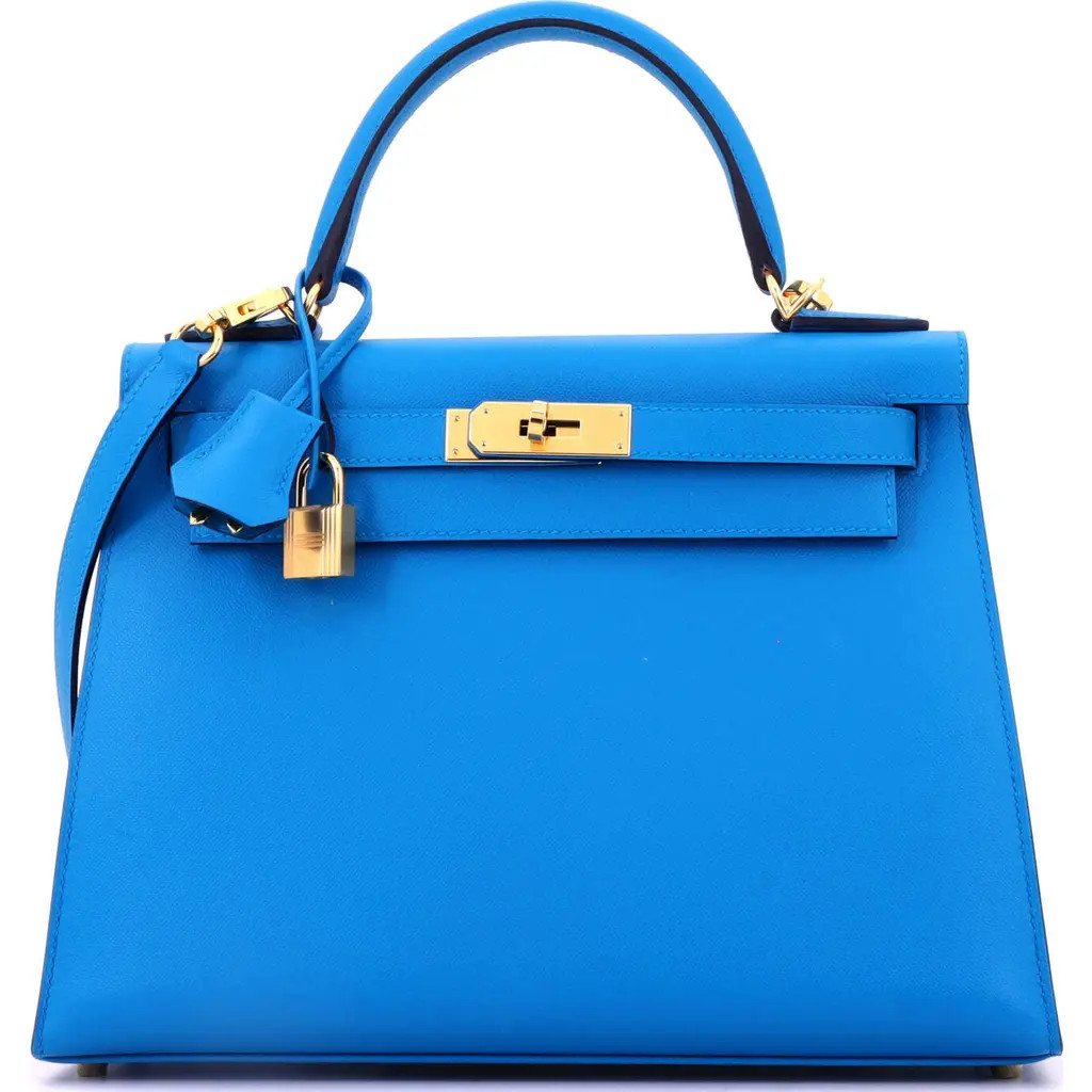 Pre-Owned Hermes Kelly Handbag Blue Madame with Gold Hardware 28 in Bleu Frida at Nordstrom, Size Small | Nordstrom