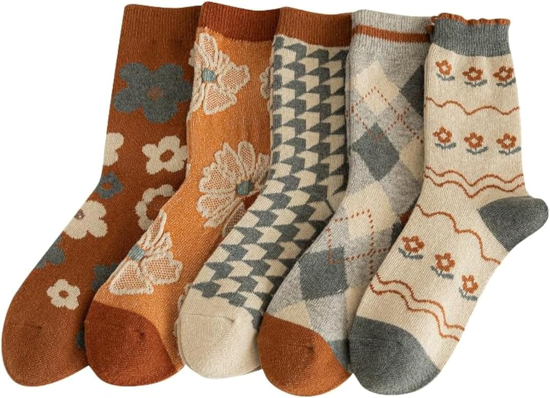 5/10 Pairs Wool Socks for Women Thick Knit Vintage Cute Floral Crew Socks | Amazon (US)