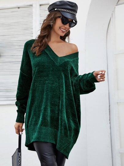 SHEIN Drop Shoulder Longline Chenille Oversized Sweater | SHEIN