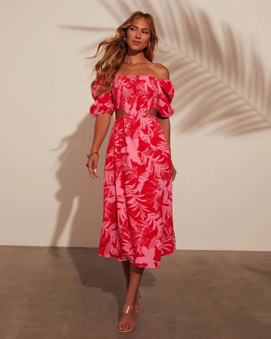 Kalena Tropical Print Cutout Smocked Midi Dress | VICI Collection